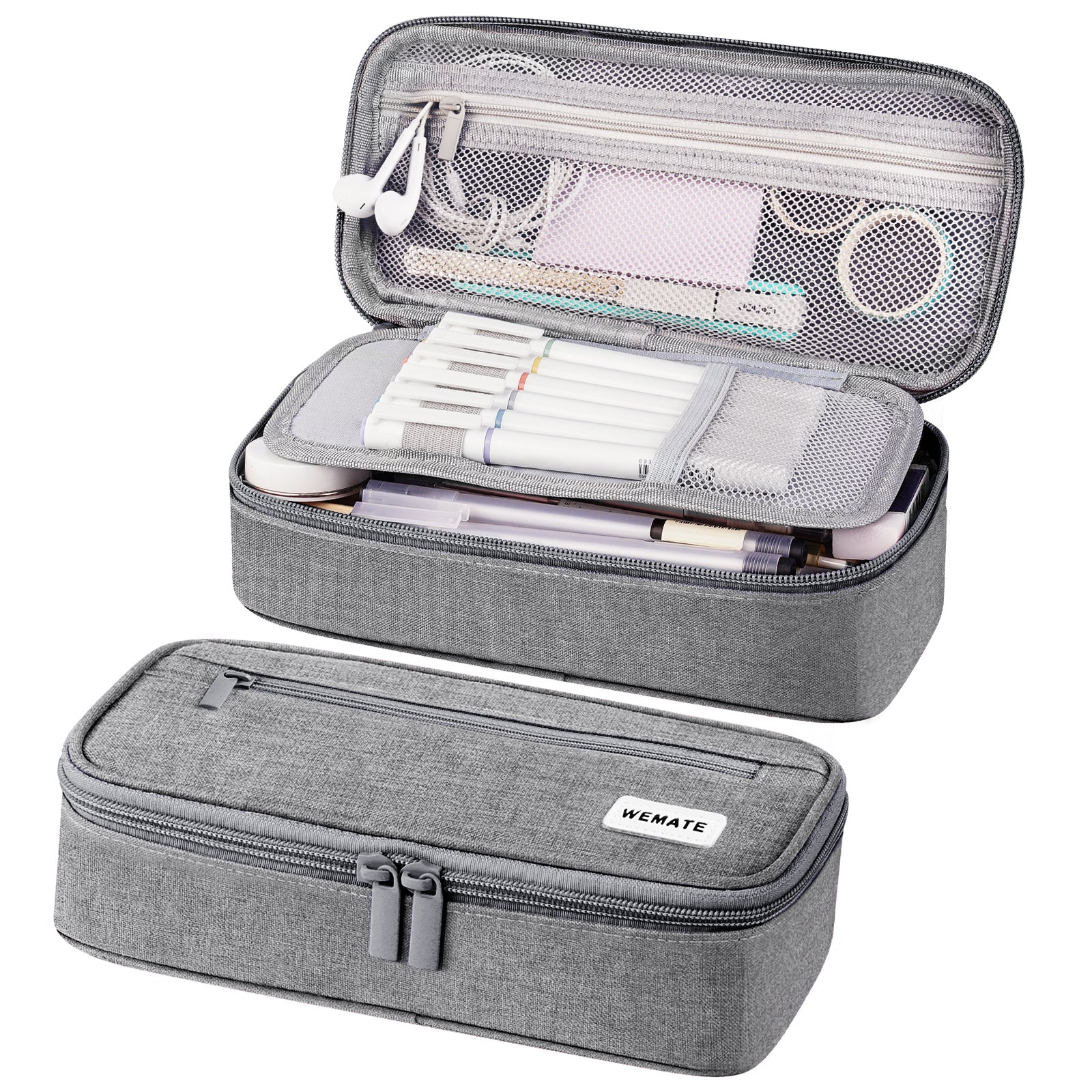 WEMATE Large Pencil Case with Zipper, Big Capacity, Canvas Pencil Case,Light Grey