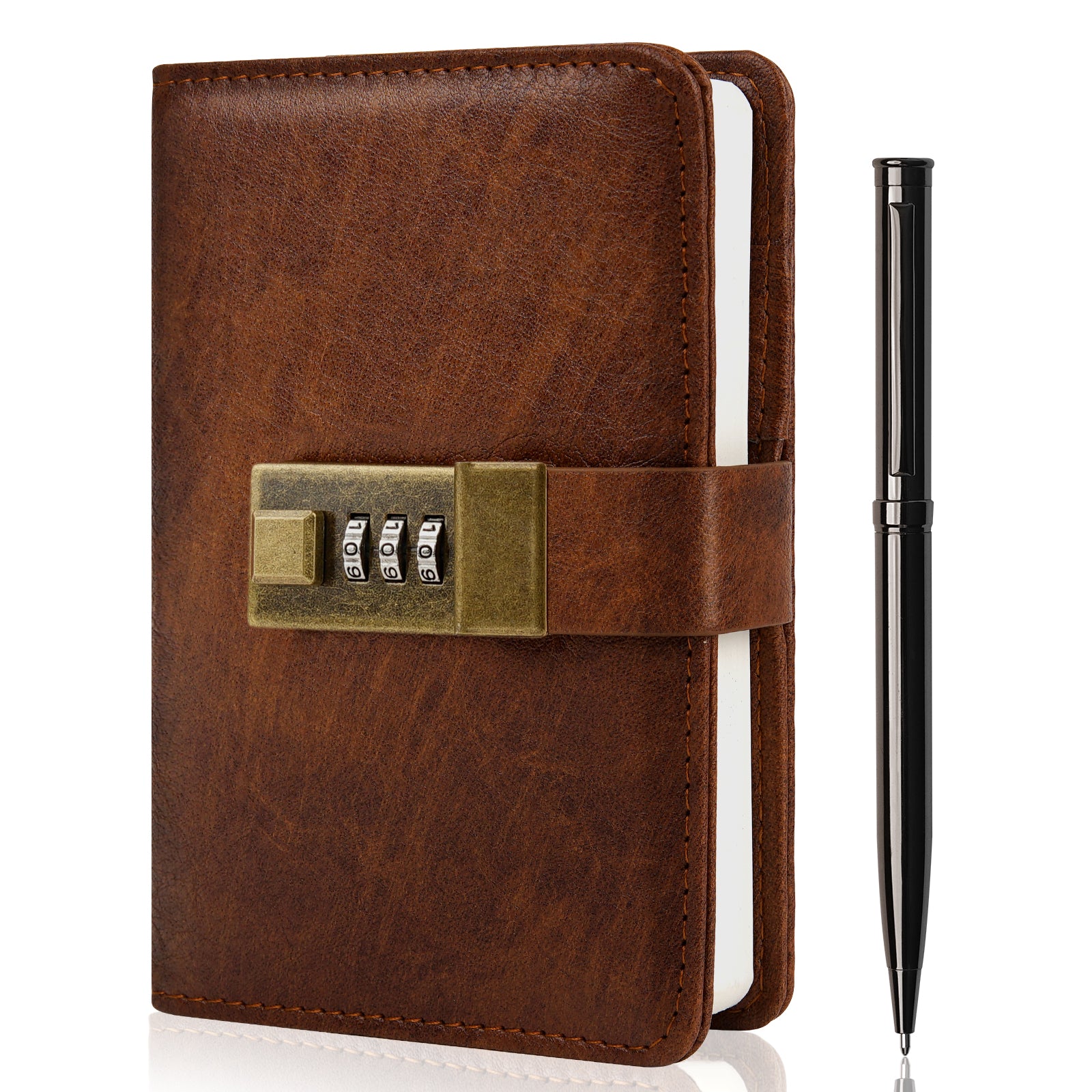 WEMATE Journal with Lock, Diary with Lock, Password Notebook, Pen & Gift Box, 4.3*6.3inch,Brown