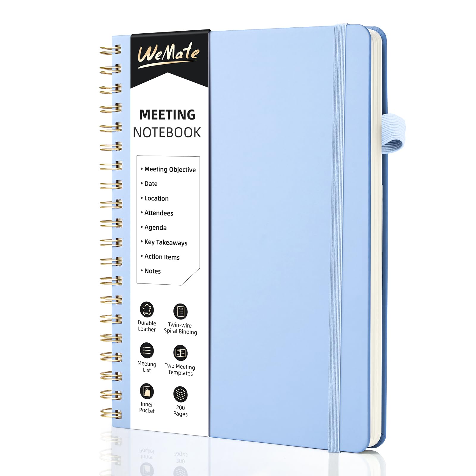 WEMATE Meeting Notebook for Work B5 (7"x10") - PU Leather Work Notebook with Agenda, Action Items & Notes - 200 Pages for Men&Women, Staff and Students, Meeting, Projects Planning - Light Blue