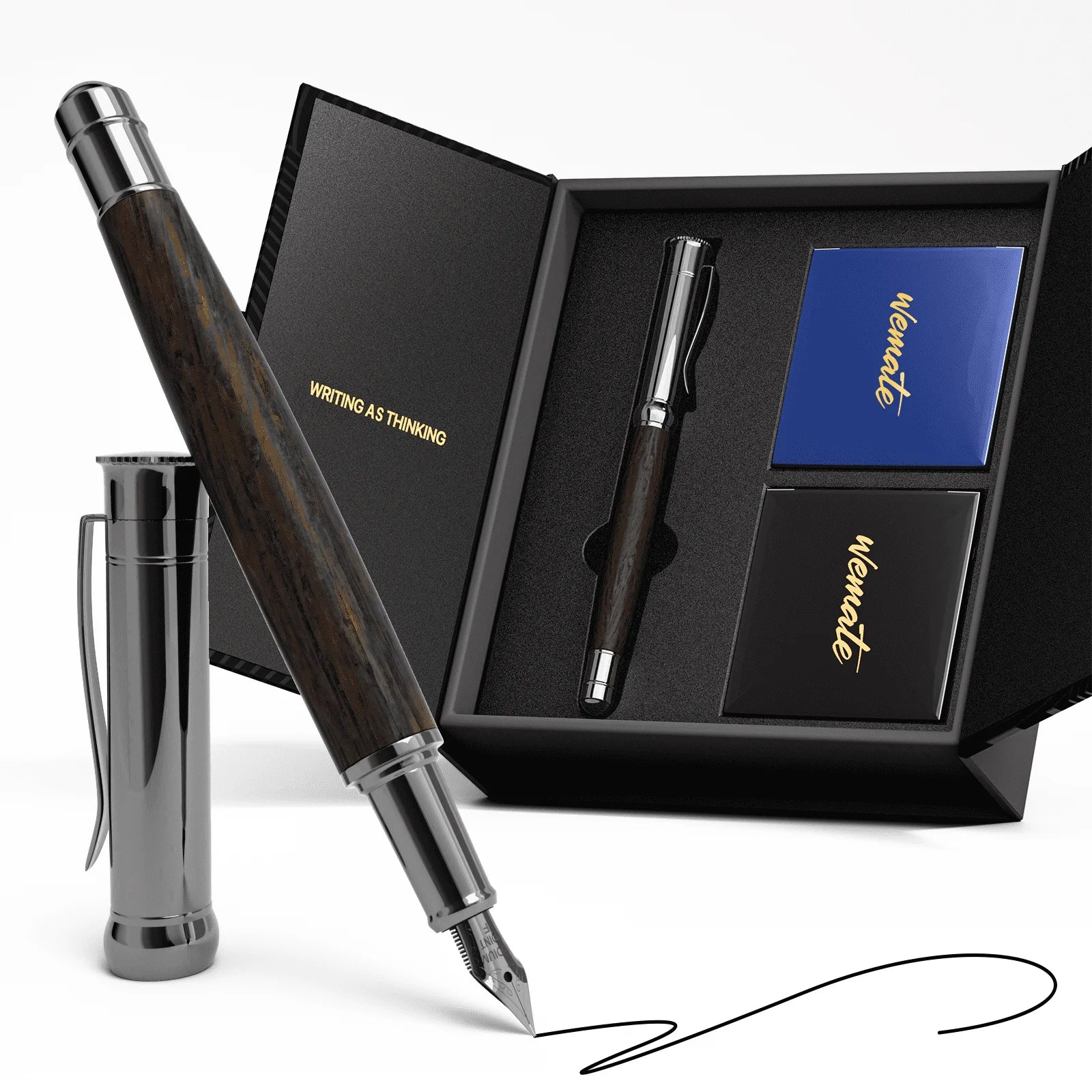 WEMATE Fountain Pen Set, Fine Nib with 20PCS 2.6MM Ink Cartridges(10 Black&10 Blue),1 Ink Converter, Nice Luxury Pen for Men, Women, Cool Wooden Fountain Pen for Writing, Journaling, Calligraphy