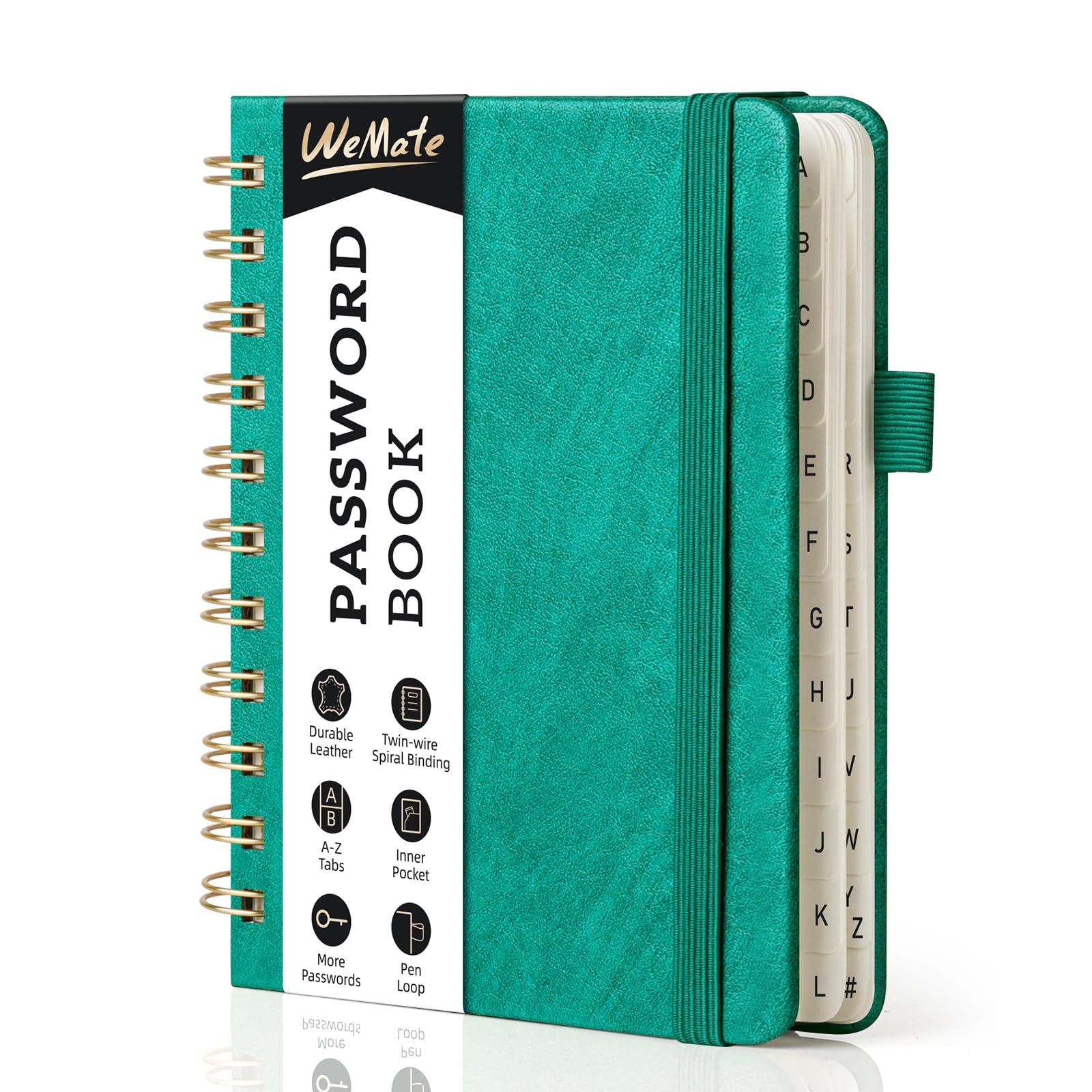 WEMATE Spiral Password Book with Alphabetical Tabs, Small Password Keeper Book for Seniors, Internet Password Notebook Hardcover Password Journal Logbook – 4.7''x 6''(Green)