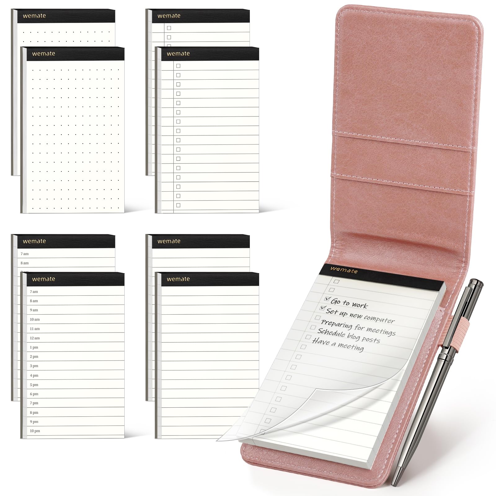 WEMATE 10 Pieces Small Notepad Holder Set Pocket Notebook - Included Mini Pocket Notepad Holder Set with 8 Memo Book Refills and Metal Pen for Meetings, Daily Records, and Notes 3 x 5 Inch (Rose Gold)