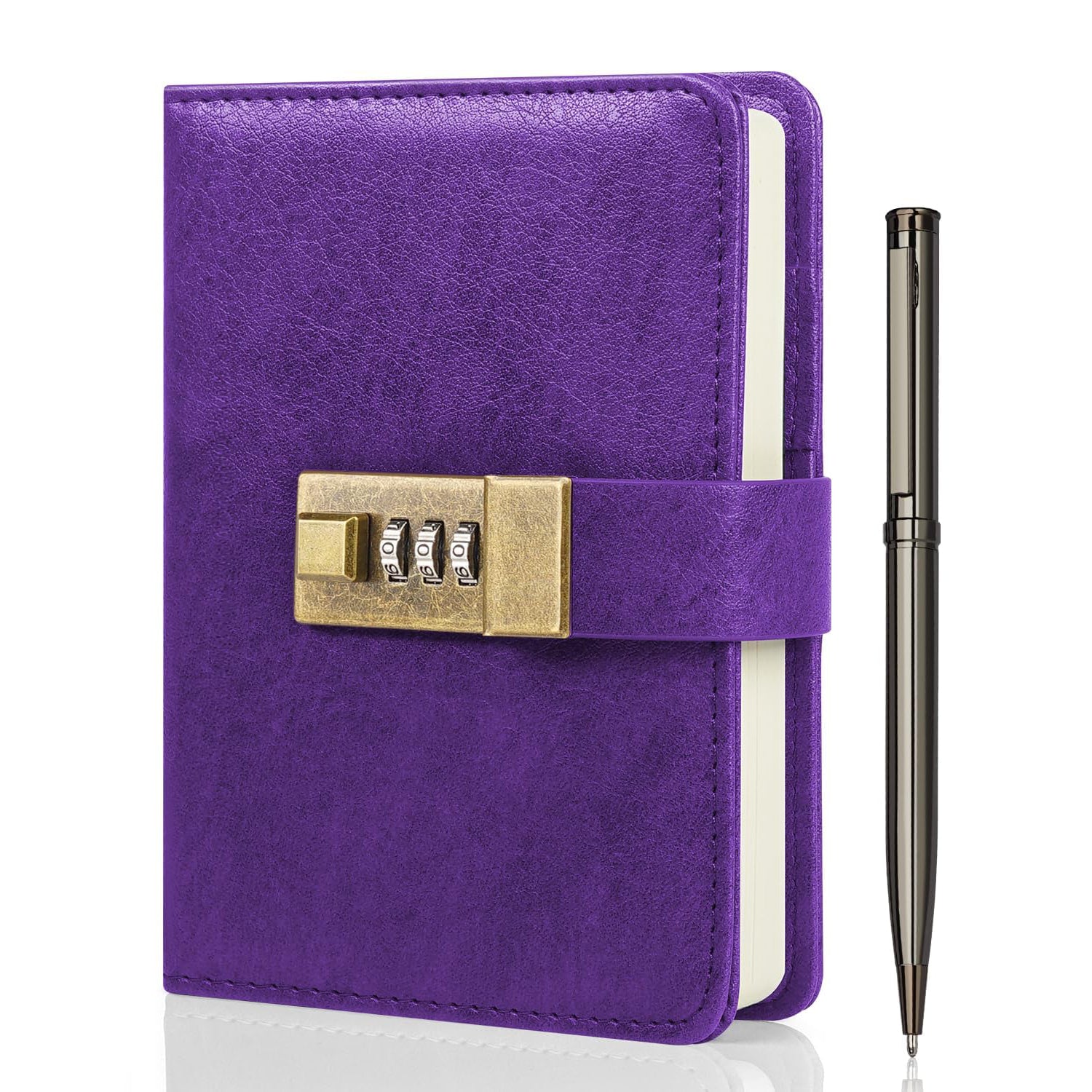 WEMATE Journal with Lock, A6 PU Leather Diary with Lock 192 Pages, Locks Journal Password Notebook with Pen, Locking Diary for Men and Women 4.3X 6.18in Purple