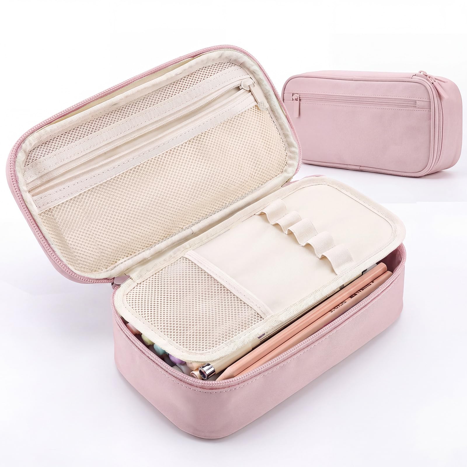 WEMATE Large Pencil Case with Zipper, Big Capacity, Canvas Pencil Case,Pastel Pink
