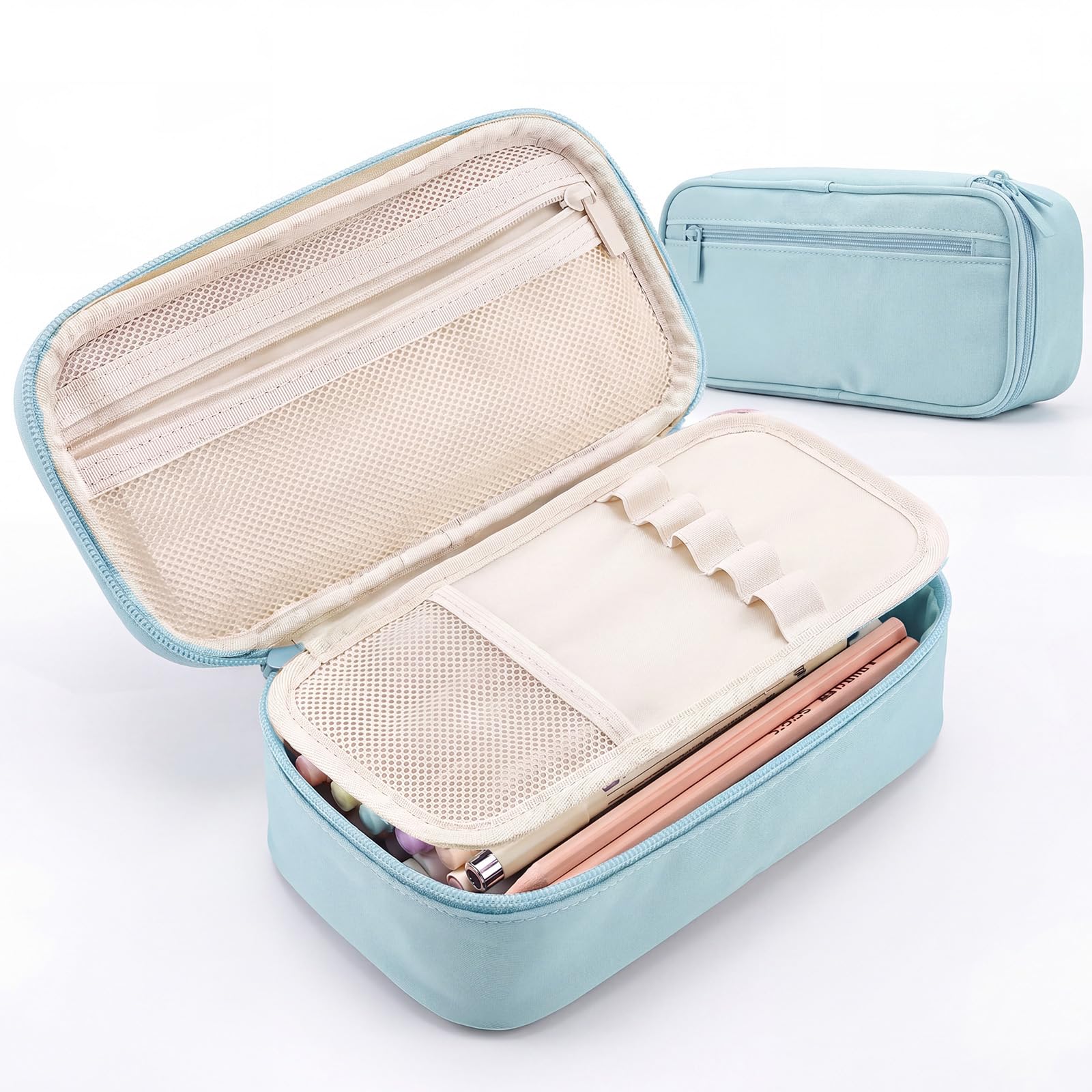WEMATE Large Pencil Case with Zipper, Big Capacity, Canvas Pencil Case,Pastel Blue