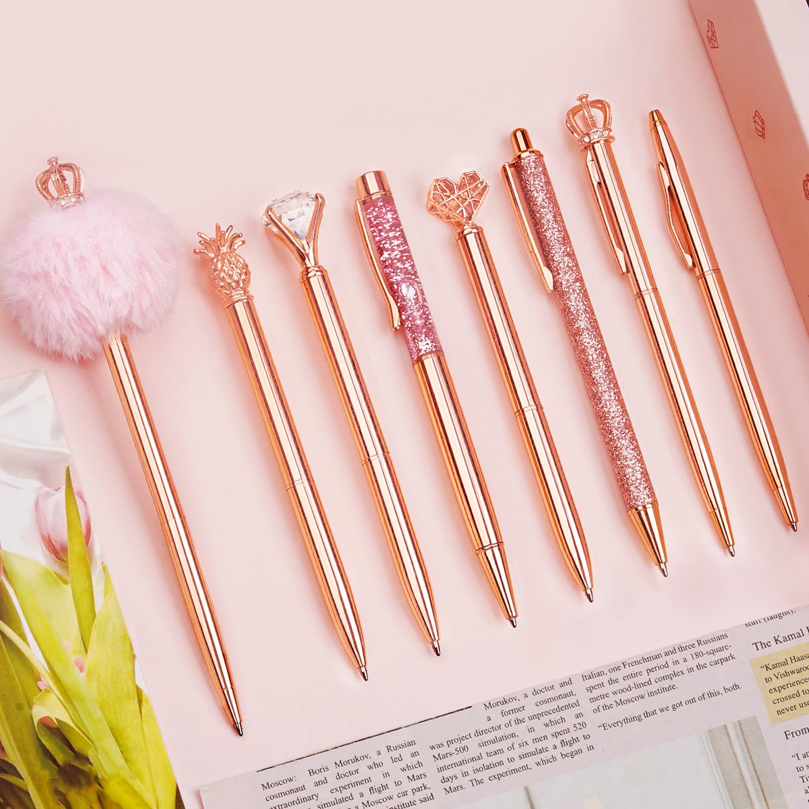 WEMATE 8Pcs Ballpoint Pens Set Metal Crystal Diamond Pen Glitter for Journaling Pen Bling in Black & Blue Ink Pretty Cute Pens Fancy Pens for Women Wedding School Office (Rose Gold)