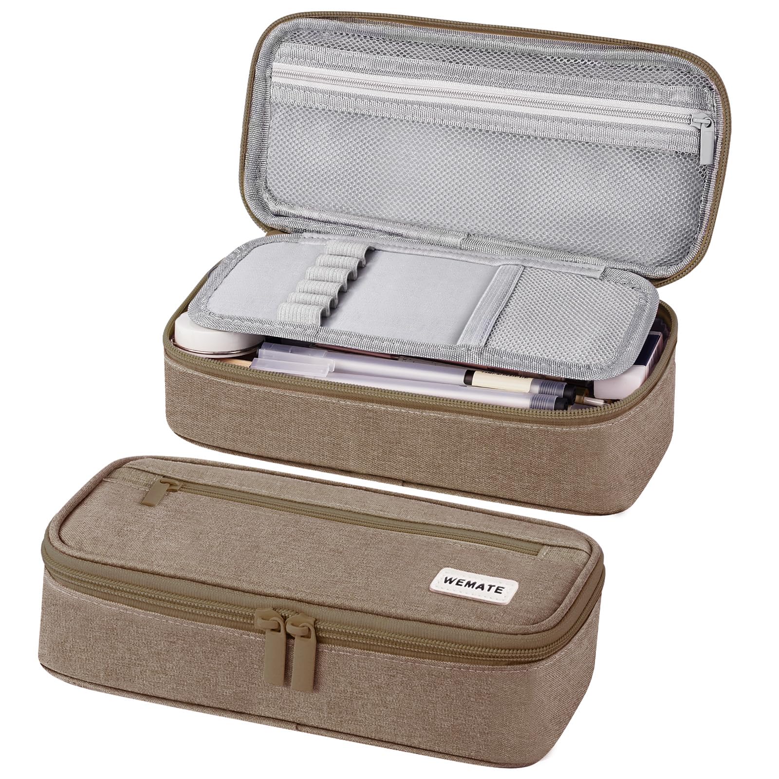 WEMATE Large Pencil Case with Zipper, Big Capacity, Canvas Pencil Case, Pencil Bag for Student,Khaki