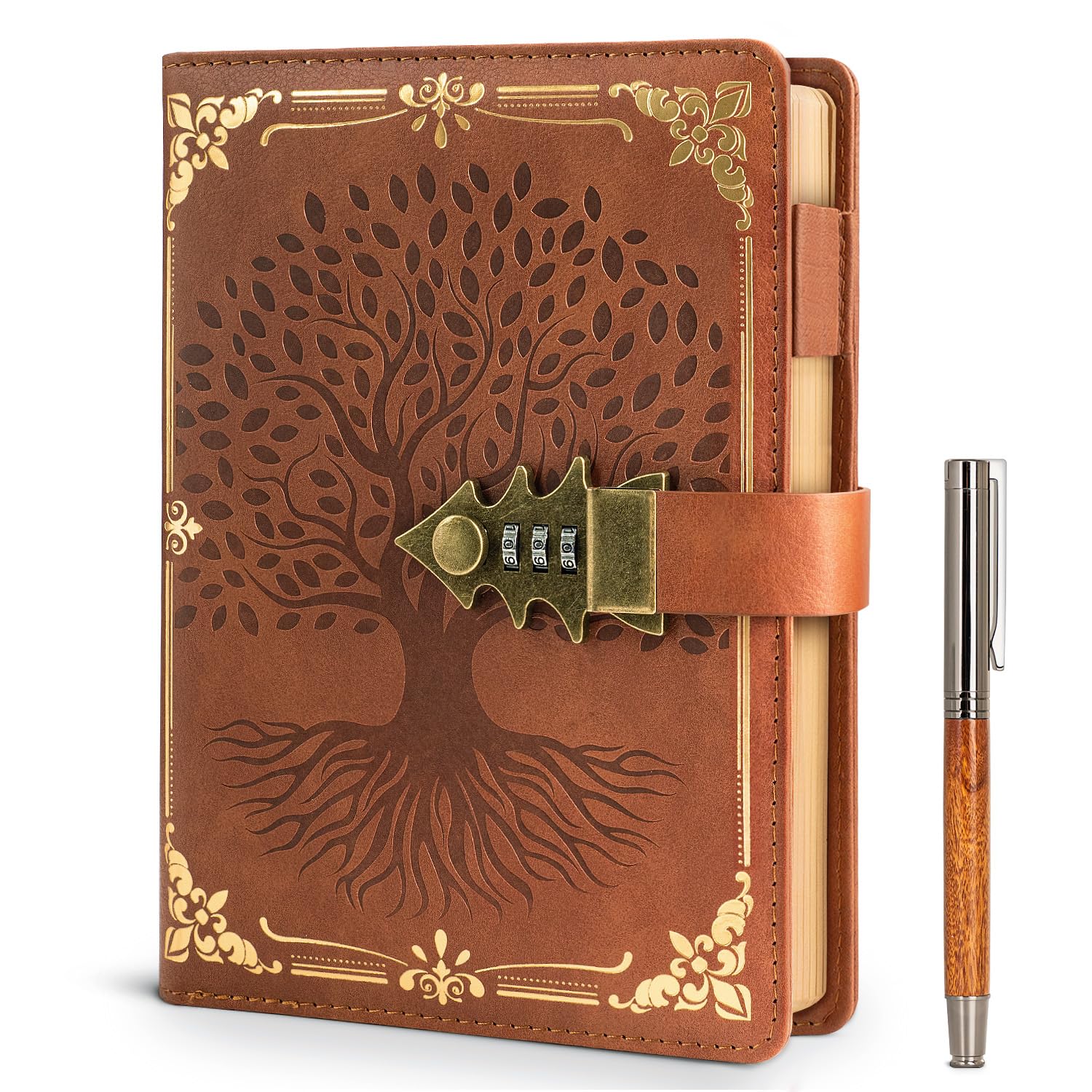WEMATE Diary, Password Protected A5 PU Leather Notebook Brown