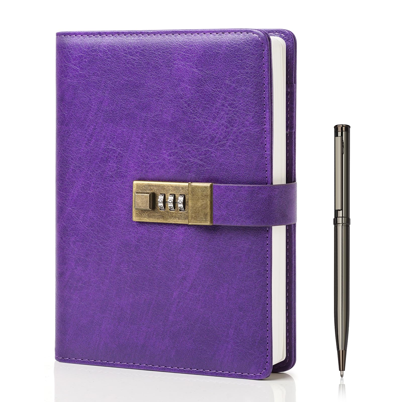WEMATE Journal with Lock, Password Journal Kit for Women, A5 PU Leather Journal with Gift Box, Lock Diary Planner Organizer (Purple)