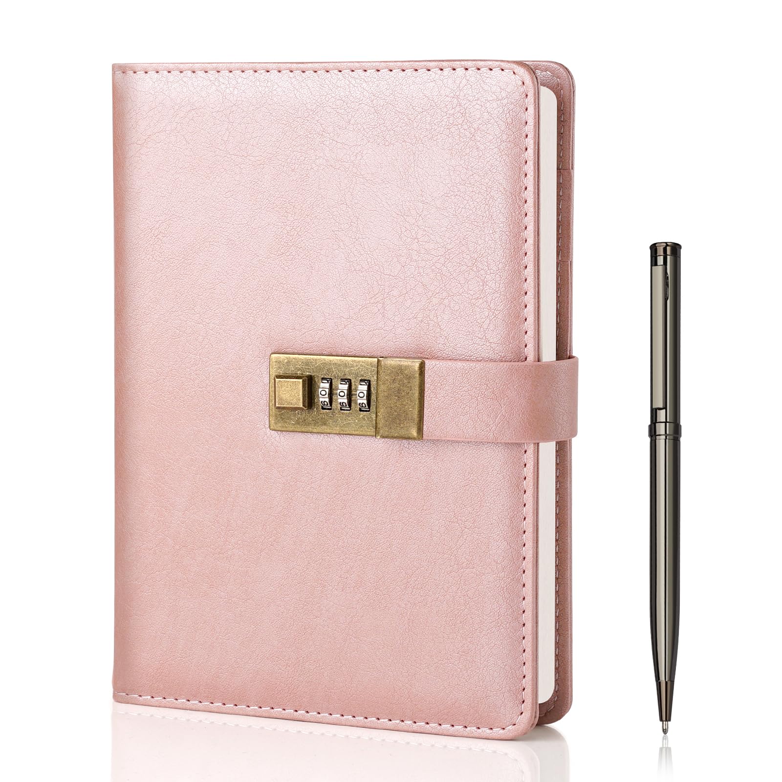 WEMATE Journal with Lock, Password Journal Kit, A5 PU Leather Journal with Gift Box, Lock Diary Planner Organizer (Rose Gold)