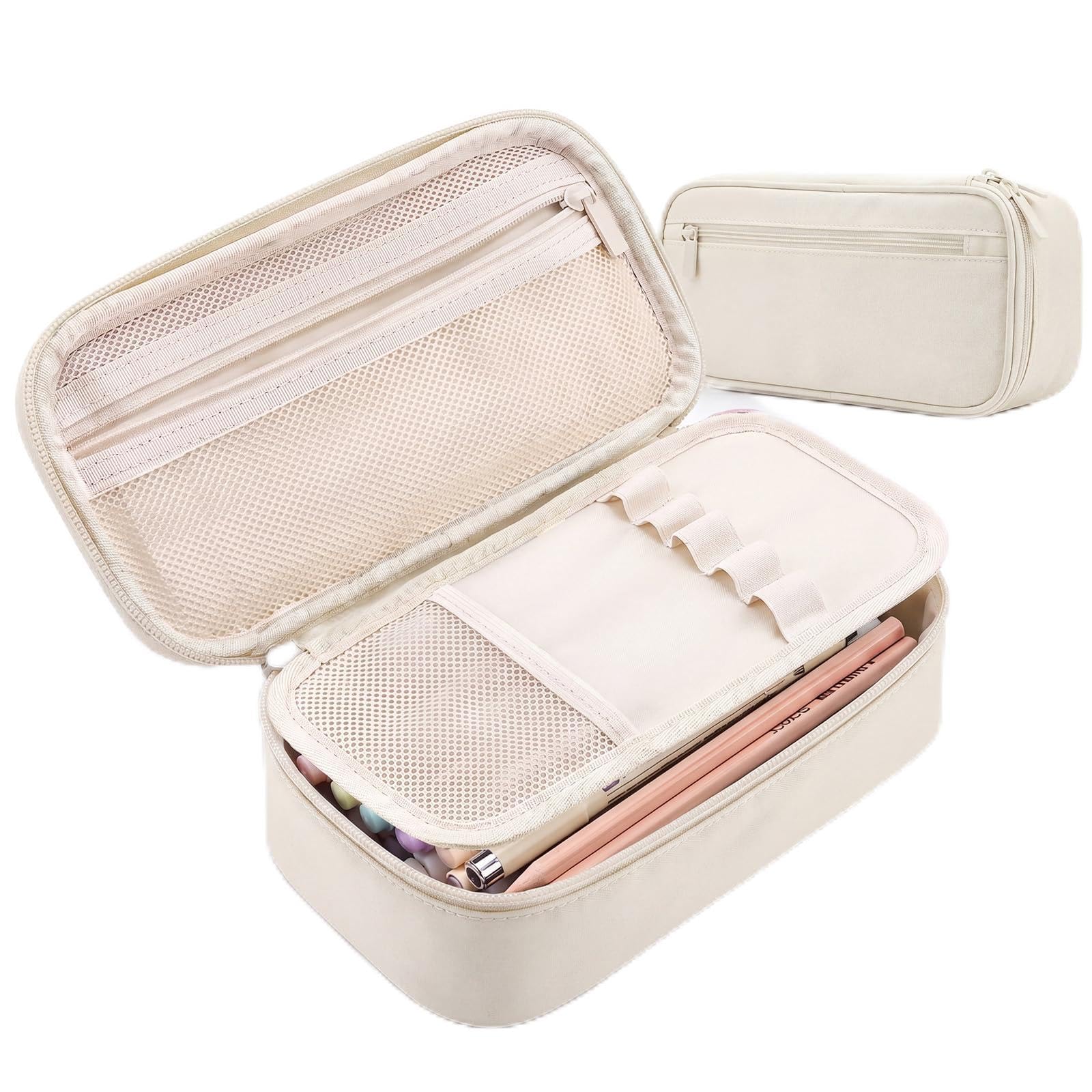 WEMATE Large Pencil Case with Zipper, Big Capacity, Canvas Pencil Case,White