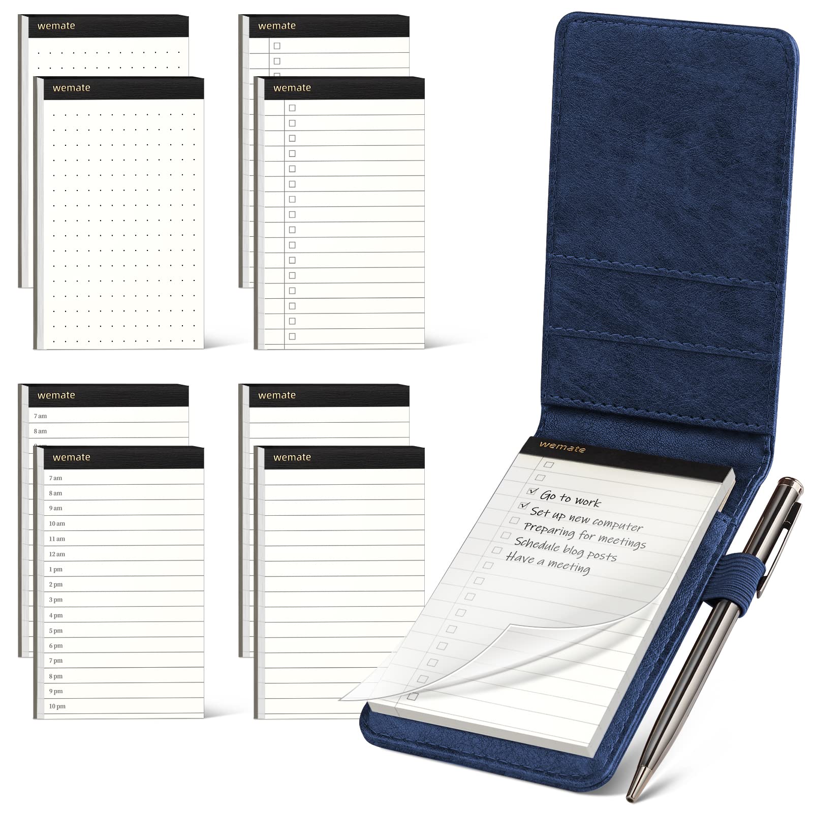 WEMATE 10 Pieces Small Notepad Holder Set Pocket Notebook - Included Mini Pocket Notepad Holder Set with 8 Memo Book Refills and Metal Pen for Meetings, Daily Records, and Notes 3 x 5 Inch (Blue)